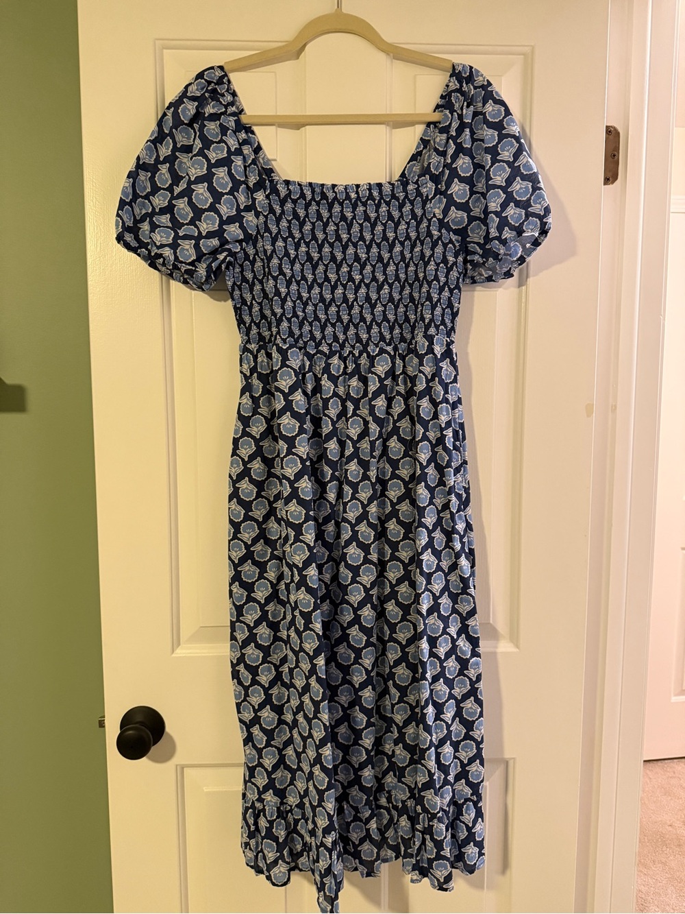 J. Crew Blue Puff-Sleeve Smocked Midi Dress with Light Blue Floral Print